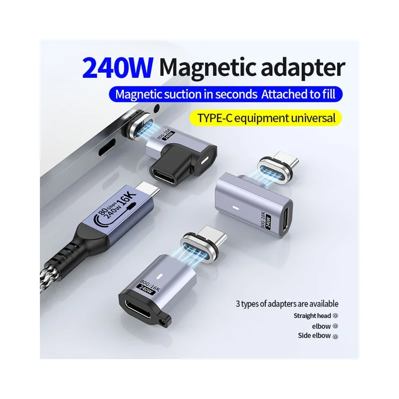 Adaptador Magnético Tipo C a Tipo C Convertidor de Vídeo HD 16K 60Hz 240W 80Gbps Transferencia de Datos - Cabezal Acodado