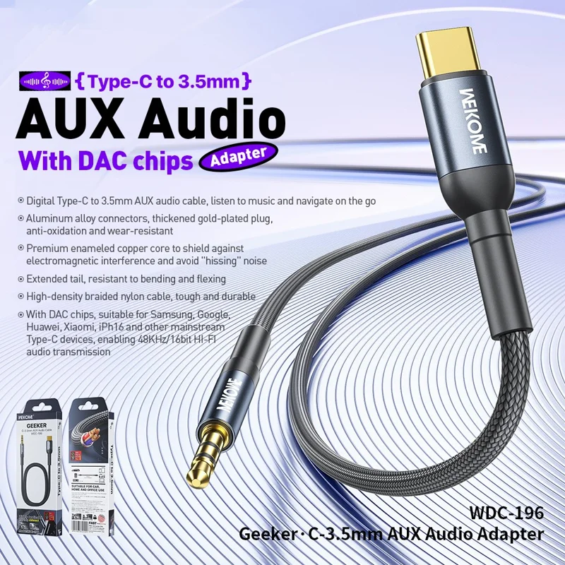 WEKOME WDC-196 Geeker USB-C auf 3,5mm AUX Audio Adapter Kabel mit DAC Chip, 1,2M Länge