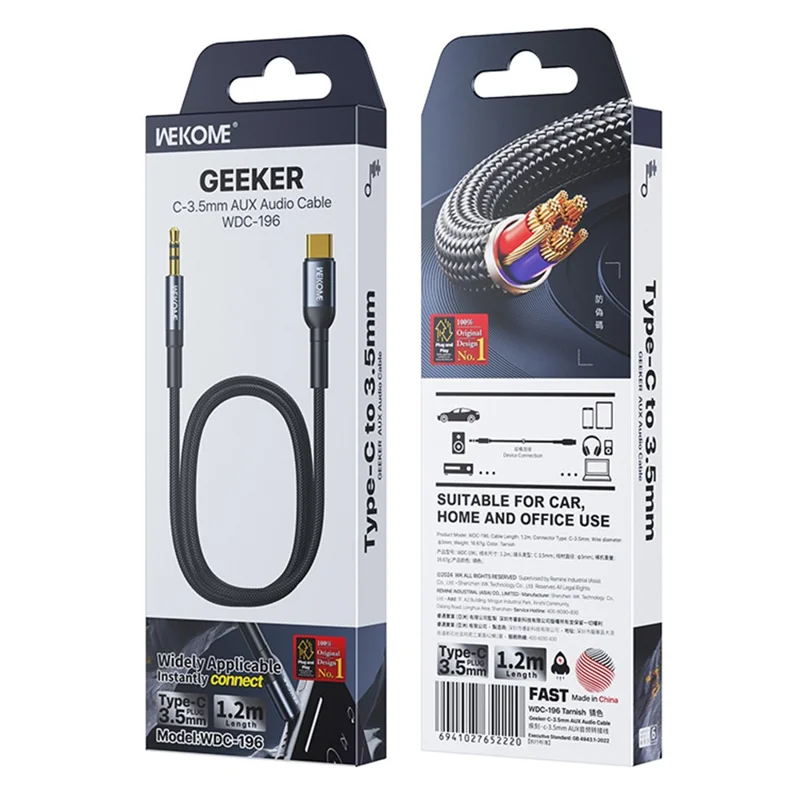 WEKOME WDC-196 Geeker USB-C auf 3,5mm AUX Audio Adapter Kabel mit DAC Chip, 1,2M Länge
