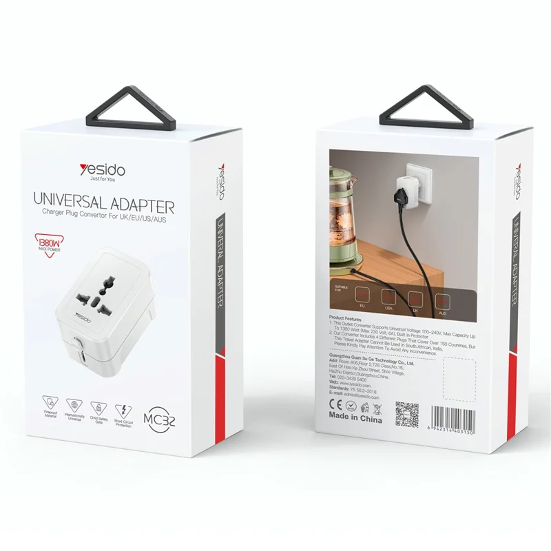 YESIDO MC32 Universal Travel Adapter Multi-Nation Compatibility 1380W Global Plug Converter