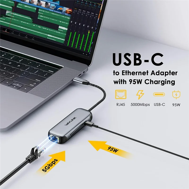 WAVLINK NWU340GD 5Gbps USB-C to RJ45 Ethernet Adapter Aluminum Converter with 95W Charging Port