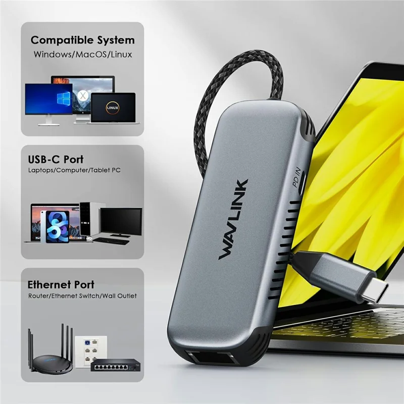 WAVLINK NWU340GD 5Gbps USB-C to RJ45 Ethernet Adapter Aluminum Converter with 95W Charging Port