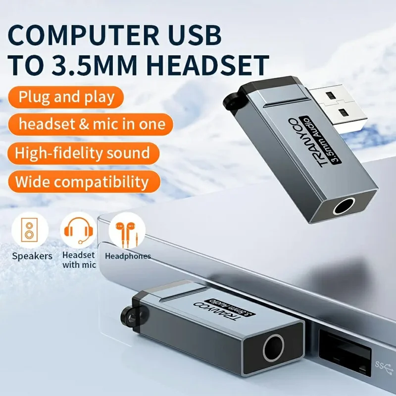 TRANYOO T-E21 USB к 3,5-мм аудиоадаптер из алюминиевого сплава для преобразования аудио на ноутбуках