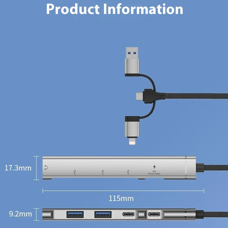 Concentrateur USB 3 en 1 à 5 ports avec chargement 15W pour smartphones et tablettes - Gris