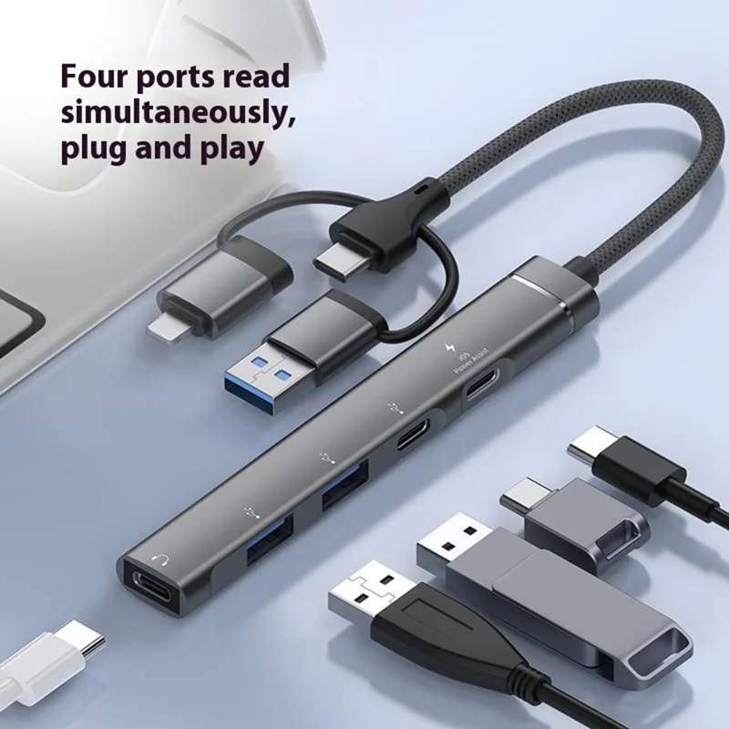 Concentrateur USB 3 en 1 à 5 ports avec chargement 15W pour smartphones et tablettes - Gris