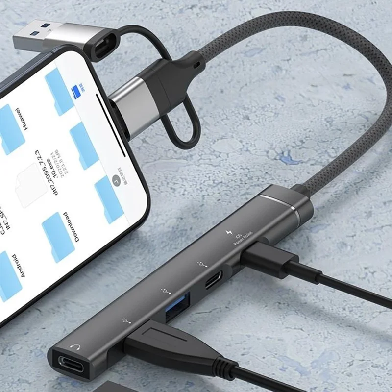 Concentrateur USB 3 en 1 à 5 ports avec chargement 15W pour smartphones et tablettes - Gris