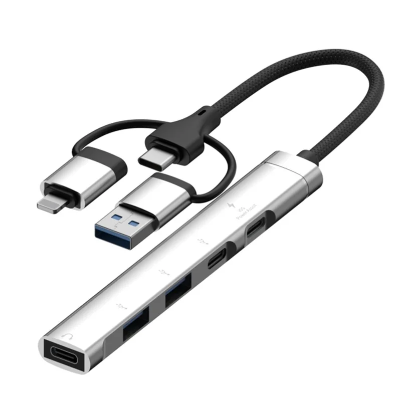 8-Pin / USB / Type C 3 in 1 to 5 Ports USB Hub Smartphones Tablets 15W Charging Data Transfer Adapter - Silver