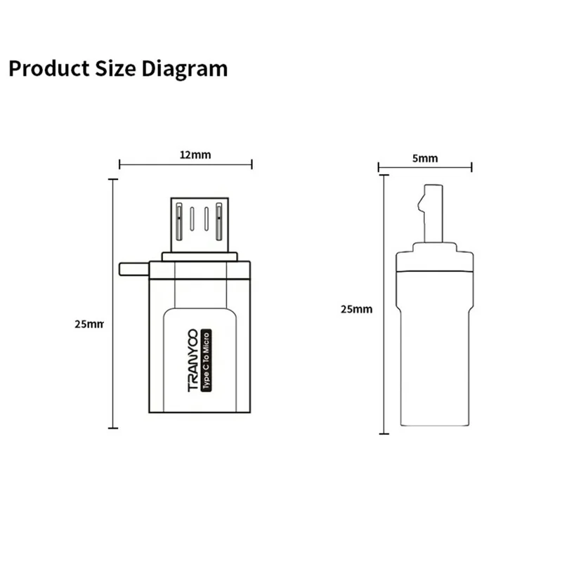 Adaptador TRANYOO T-E22 de Micro USB a Tipo C para Carga Rápida y Transferencia de Datos, Miniconversor