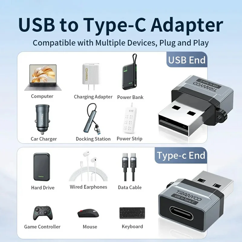 TRANYOO T-E23 USB to Type C Converter Fast Charging Data Transfer Aluminum Alloy Mini Adapter