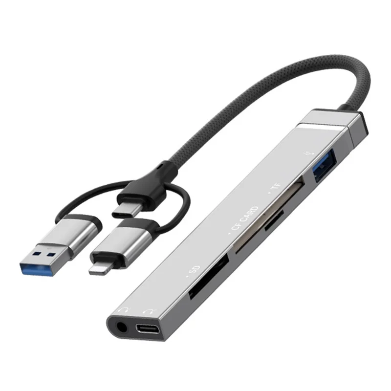 8Pin USB Type-C 3 in 1 Adapter Hub SD TF CF Card Reader USB Data Type-C 3.5mm Headphone Connector - Silver