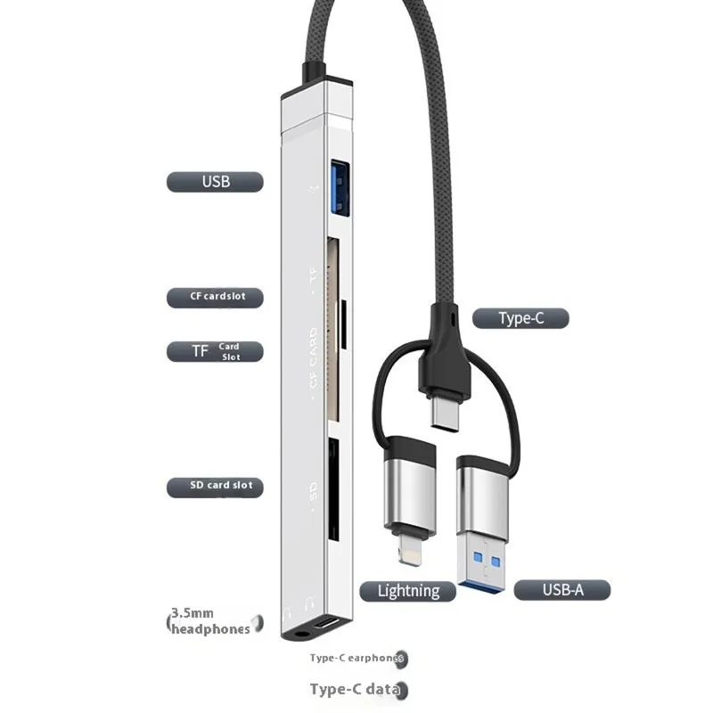 8Pin USB Type-C 3 in 1 Adapter Hub SD TF CF Card Reader USB Data Type-C 3.5mm Headphone Connector - Silver