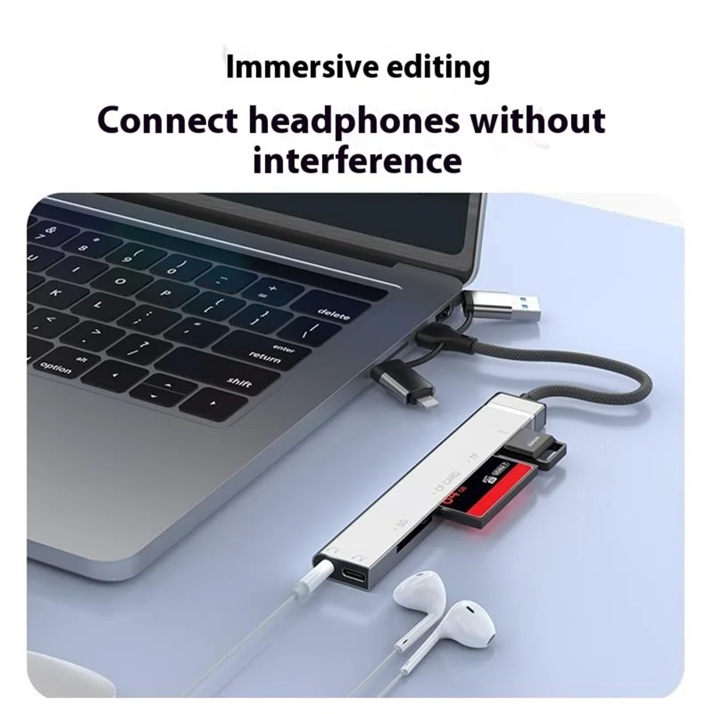 8Pin USB Type-C 3 in 1 Adapter Hub SD TF CF Card Reader USB Data Type-C 3.5mm Headphone Connector - Silver