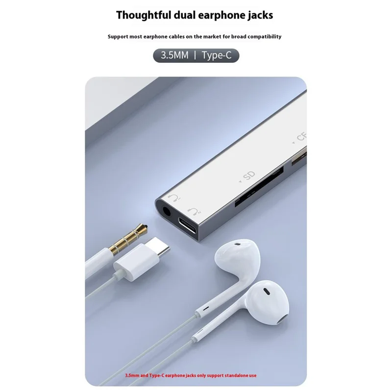 8Pin USB Type-C 3 in 1 Adapter Hub SD TF CF Card Reader USB Data Type-C 3.5mm Headphone Connector - Silver