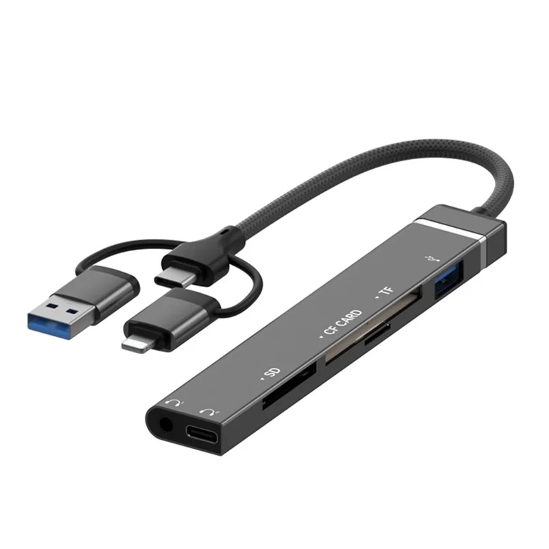 8Pin USB Type-C 3 in 1 Adapter Hub SD TF CF Card Reader USB Data Type-C 3.5mm Headphone Connector - Black