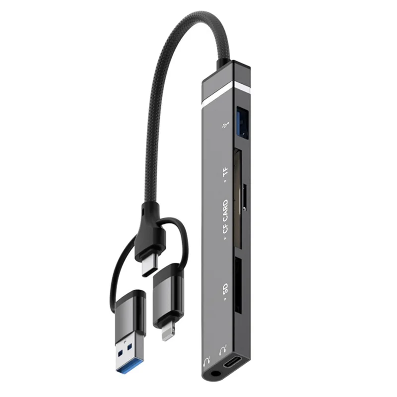 8Pin USB Type-C 3 in 1 Adapter Hub SD TF CF Card Reader USB Data Type-C 3.5mm Headphone Connector - Black