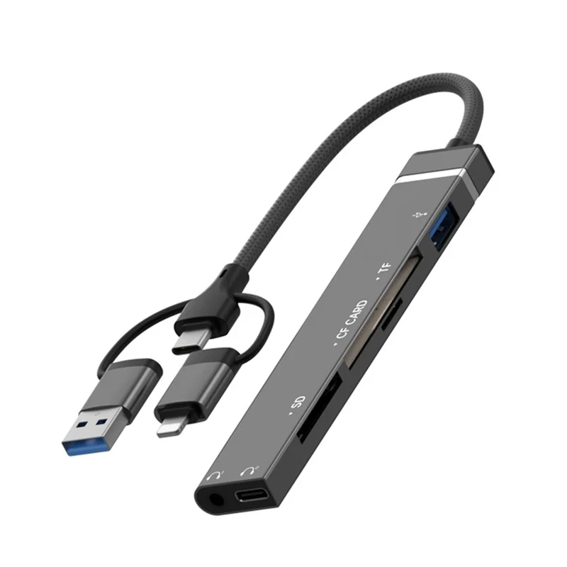 8Pin USB Type-C 3 in 1 Adapter Hub SD TF CF Card Reader USB Data Type-C 3.5mm Headphone Connector - Black