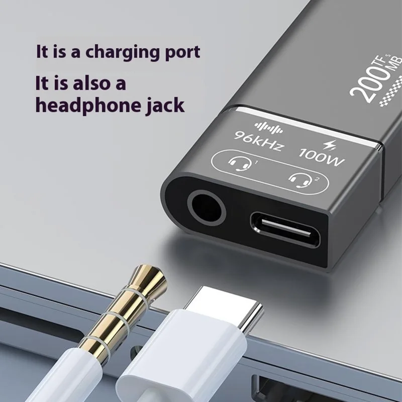 Lector de tarjetas 3 en 1 con chip DAC: Type-C a TF + 3,5 mm + Carga Type-C PD de 100 W