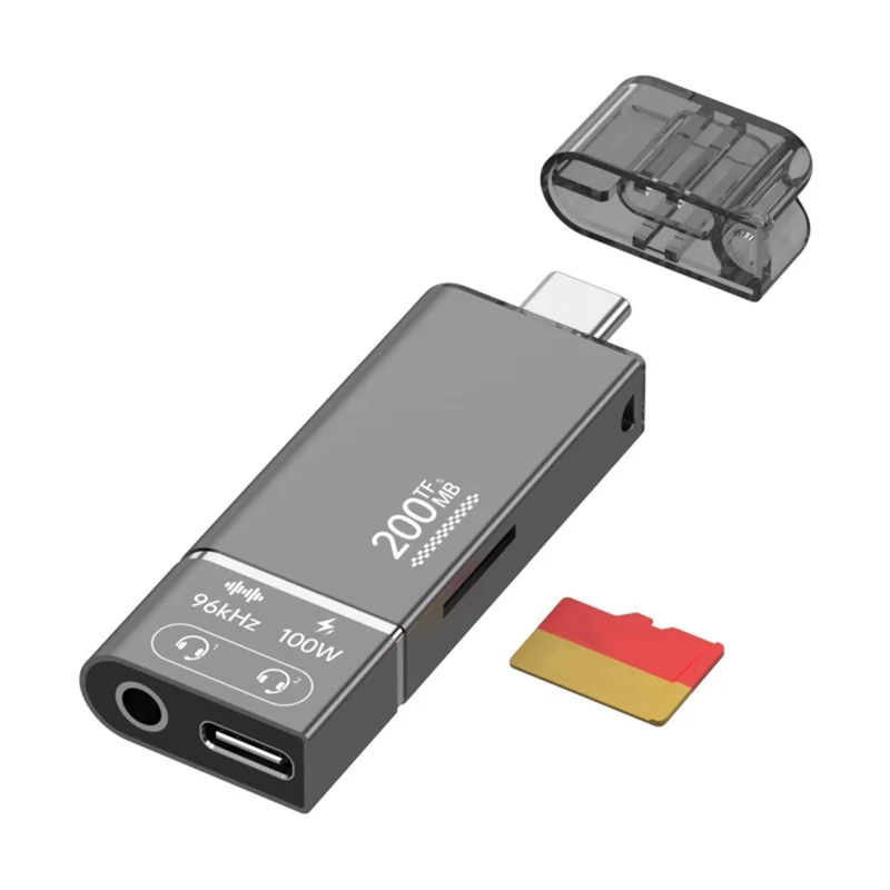 Lector de tarjetas 3 en 1 con chip DAC: Type-C a TF + 3,5 mm + Carga Type-C PD de 100 W