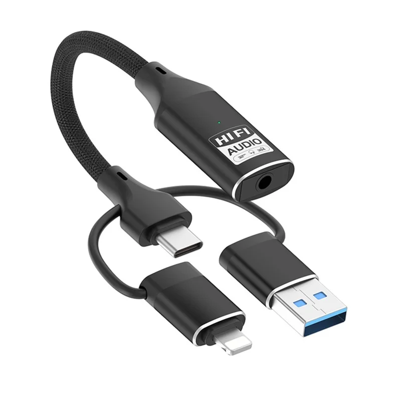 Tarjeta de sonido externa HiFi 3 en 1 iP / USB / Tipo C a 3,5 mm compatible con Android Windows MAC para transmisión en vivo y karaoke - Negro