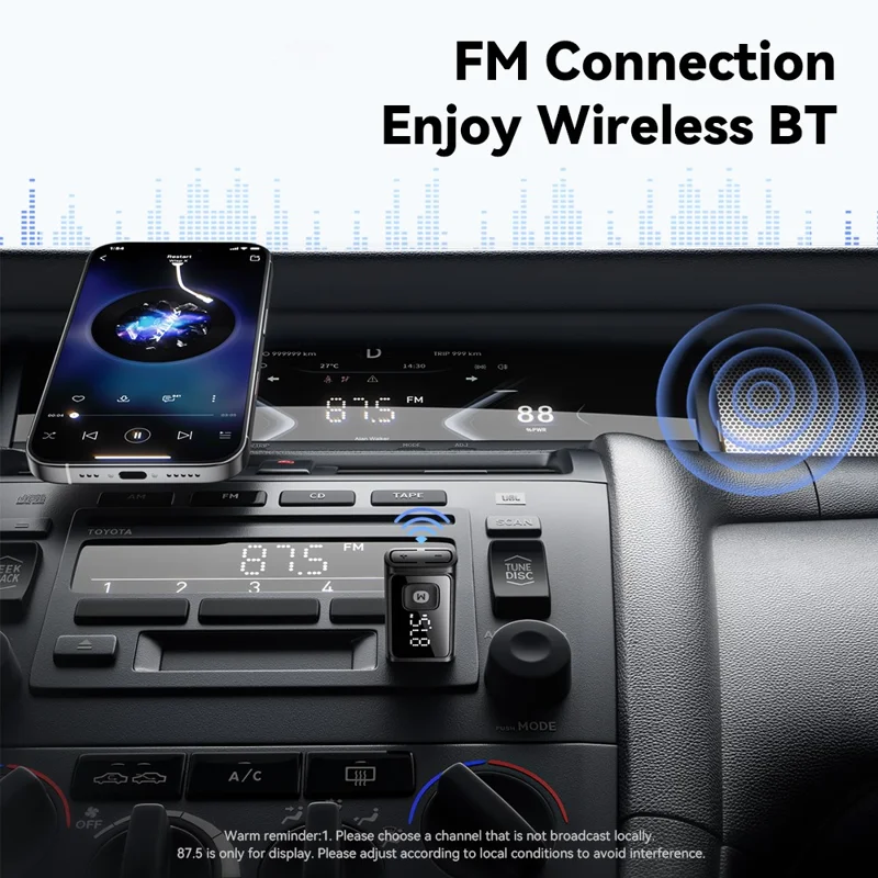 Adaptador Transmissor FM Compatível com Bluetooth ESSAGER com Microfone Integrado Chamada HD Redução de Ruído - Preto