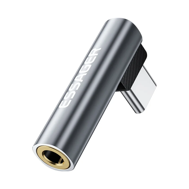 ESSAGER Adattatore audio a forma di L da Type-C maschio a 3,5 mm femmina con controllo in linea - Grigio