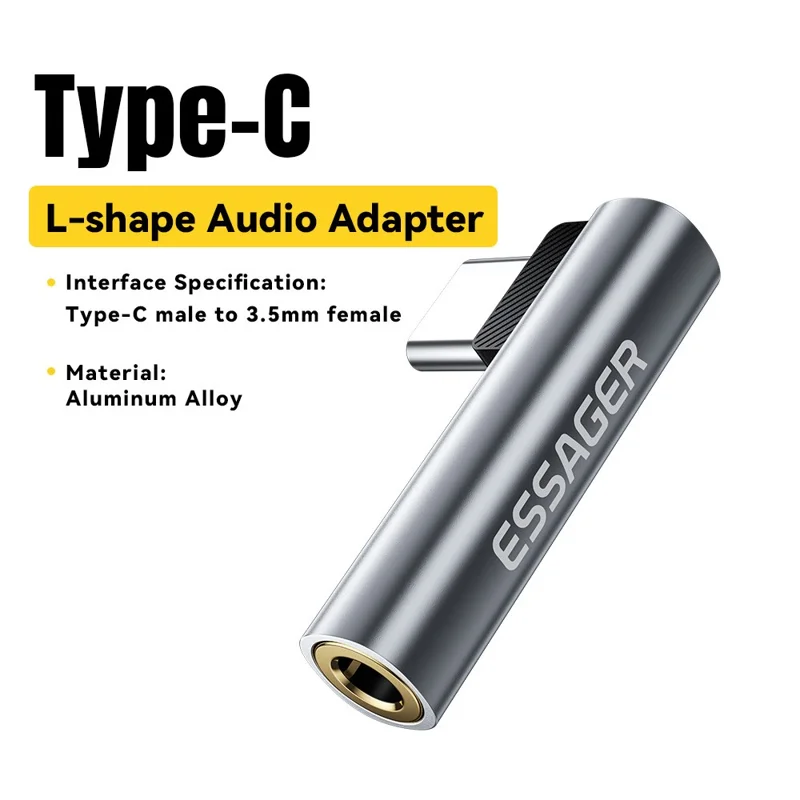 ESSAGER Adattatore audio a forma di L da Type-C maschio a 3,5 mm femmina con controllo in linea - Grigio