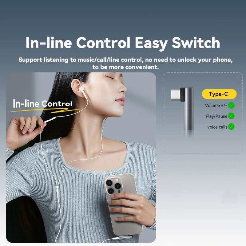 ESSAGER Adattatore audio a forma di L da Type-C maschio a 3,5 mm femmina con controllo in linea - Grigio