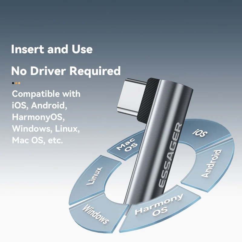 ESSAGER Adattatore audio a forma di L da Type-C maschio a 3,5 mm femmina con controllo in linea - Grigio