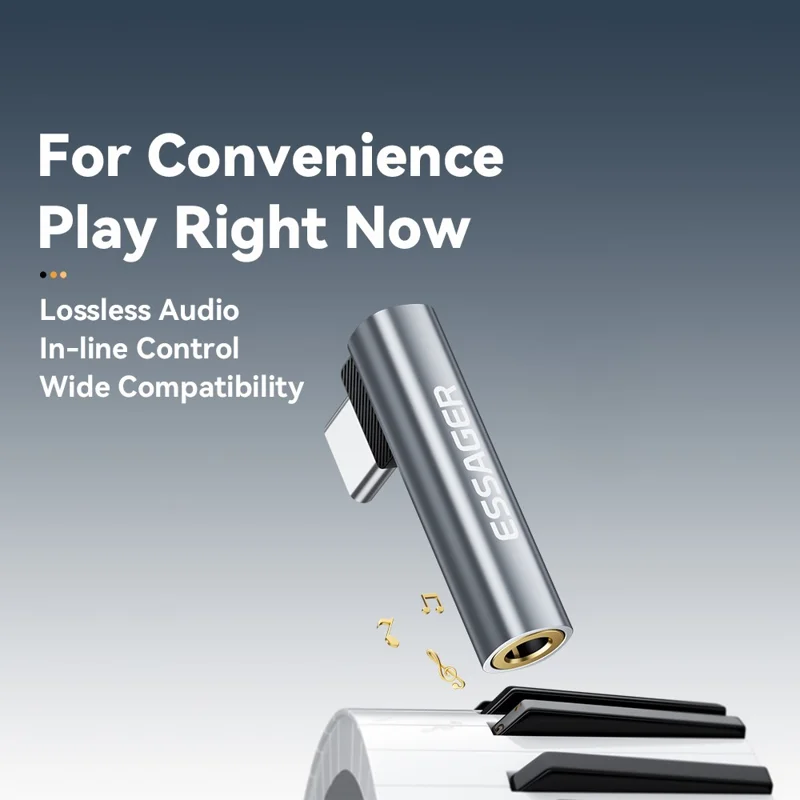 ESSAGER Adattatore audio a forma di L da Type-C maschio a 3,5 mm femmina con controllo in linea - Grigio