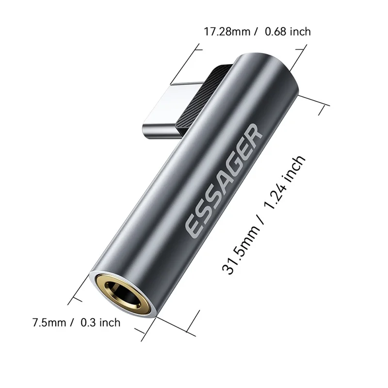 ESSAGER Adattatore audio a forma di L da Type-C maschio a 3,5 mm femmina con controllo in linea - Grigio