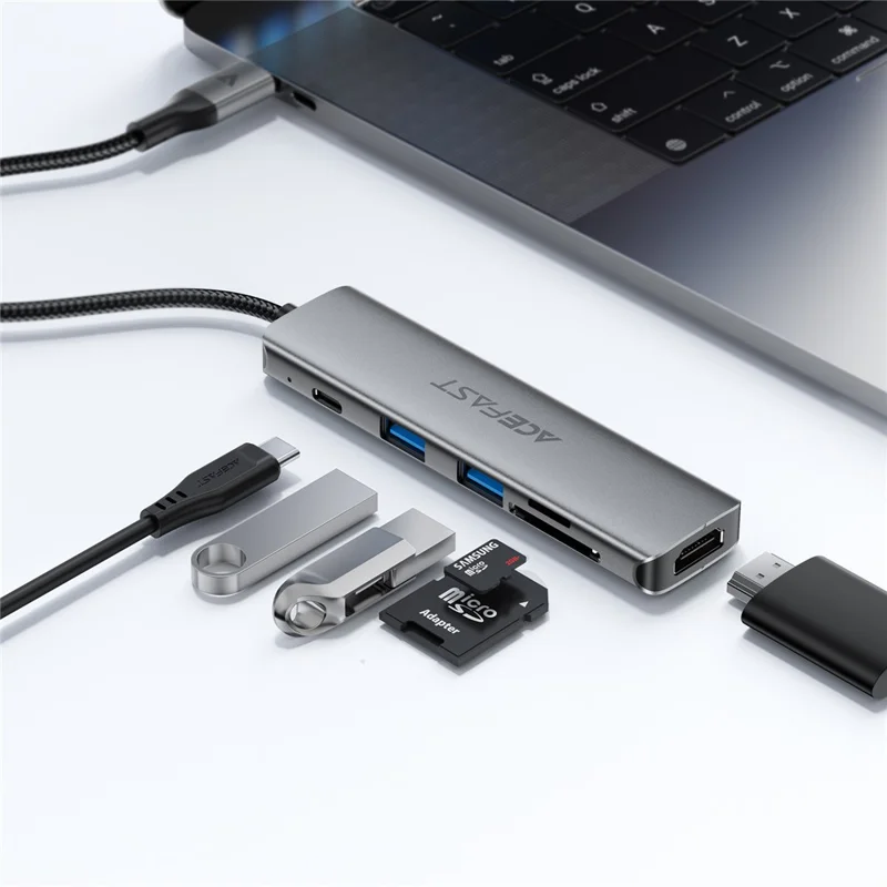 ACEFAST J18 Hub USB-C 6 in 1, Stazione di Ricarica Rapida con Uscita HD 4K 60Hz, PD 90W, Lettore di Schede SD/TF