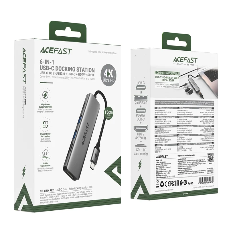 ACEFAST J18 Hub USB-C 6 in 1, Stazione di Ricarica Rapida con Uscita HD 4K 60Hz, PD 90W, Lettore di Schede SD/TF