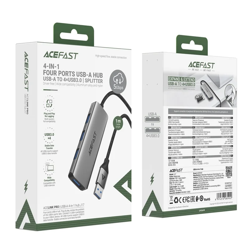 ACEFAST J17 Hub USB 4 in 1, Trasferimento Dati ad Alta Velocità 5 Gbps, Docking Station USB 3.0 con Cavo da 1 m