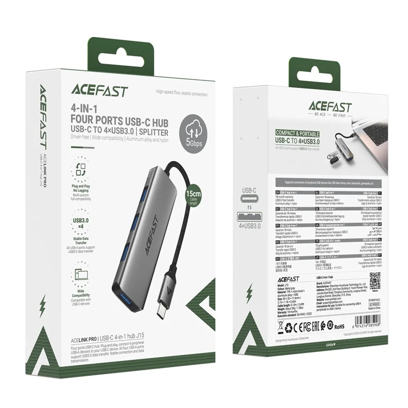 ACEFAST J15 4 i 1 USB-C-hubb 5 Gbps hög hastighet dataöverföring USB 3.0-dockningsstation plug and play