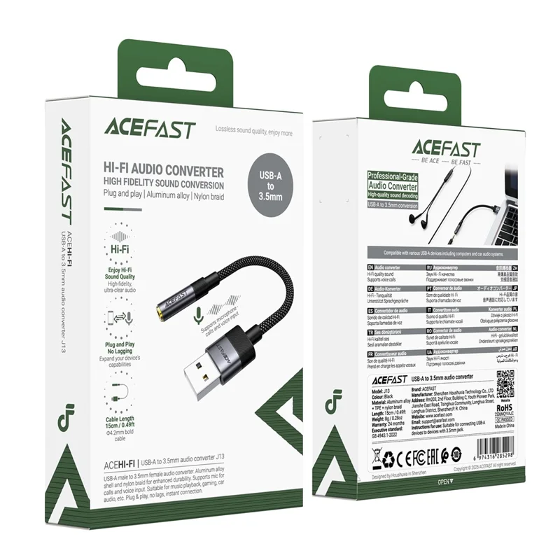 ACEFAST J13 USB-A to 3.5mm Audio Converter High Fidelity Transmission Audio Adapter - Black