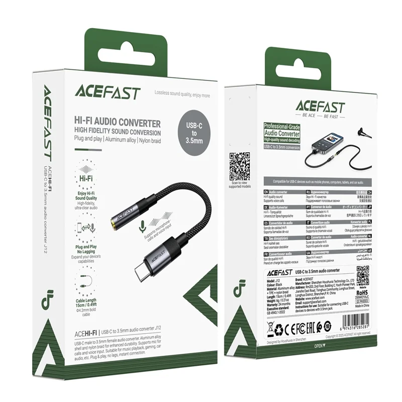 ACEFAST J12 USB-C to 3.5mm Audio Adapter High-Fidelity Audio Converter - Black