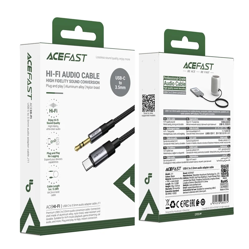 ACEFAST J11 USB-C to 3.5mm Audio Adapter Cable High Fidelity Transmission Audio Converter - Black