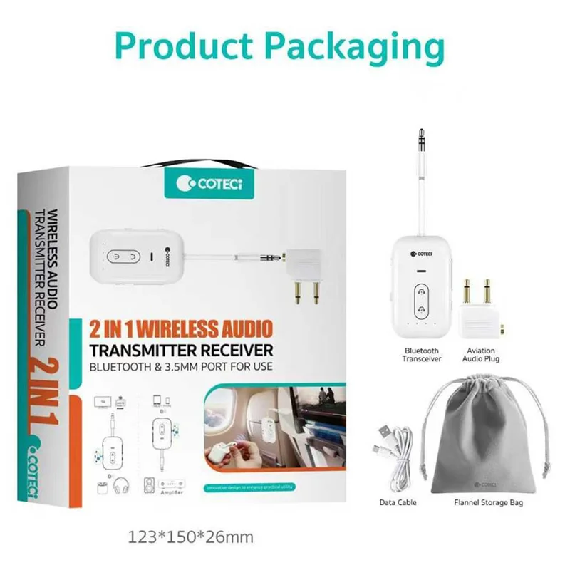 COTECI MS-046 2 in 1 Ricevitore/Trasmettitore Audio Wireless Adattatore Audio 3,5 mm con Supporto per Connessione a Doppia Cuffia - Bianco