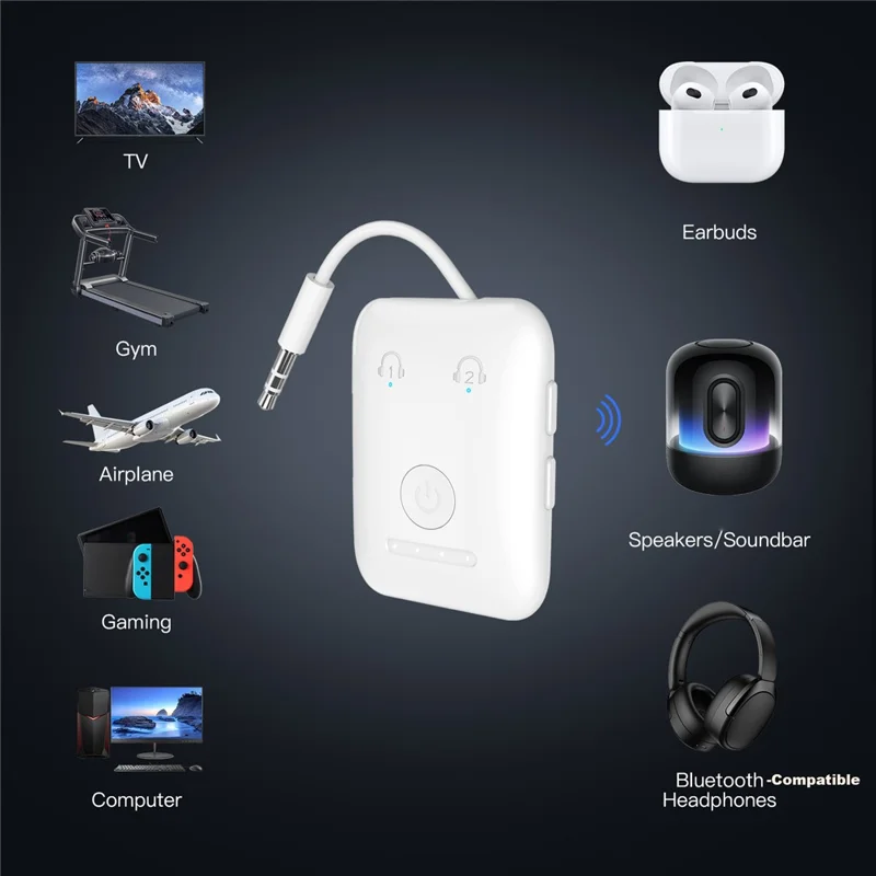 BF02 BT 5.3 Transmitter Wireless Adapter for Airplane  /  TV  /  Gym Audio Devices Supports 2 Earbuds / Headphones - White