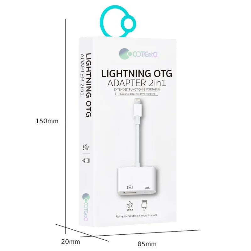 COTECI 33011 iP (5-14) USB OTG Adapter 2-in-1 Male to USB Female Adapter Charger Cable for iPhone iPad Camera U Disk