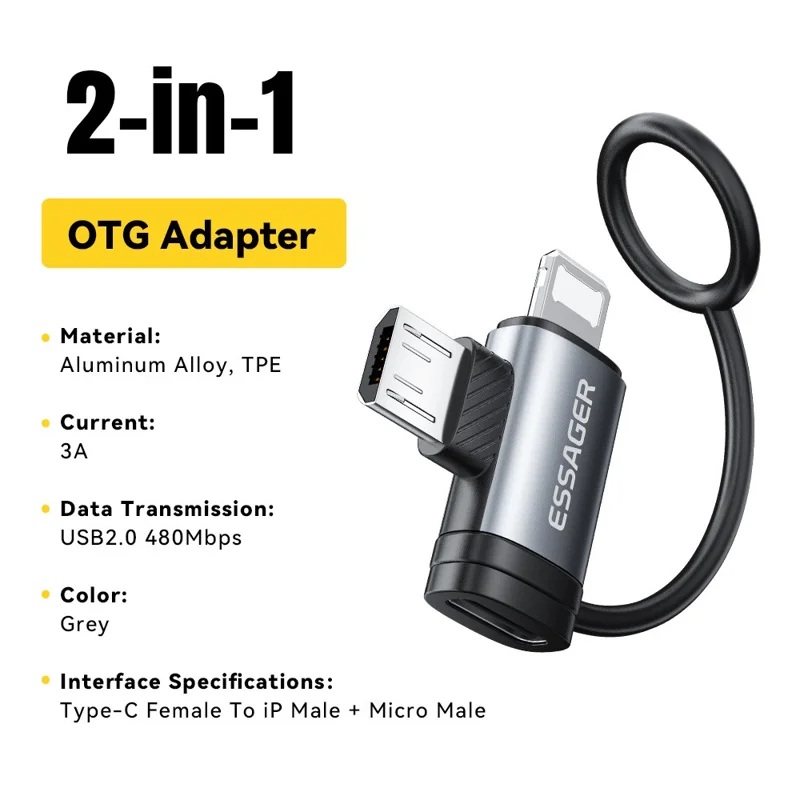 ESSAGER 2-in-1 Adapter Type-C Female to iP (5-14) Male + Micro USB Male 3A Fast Charging Cable Adapter Converter