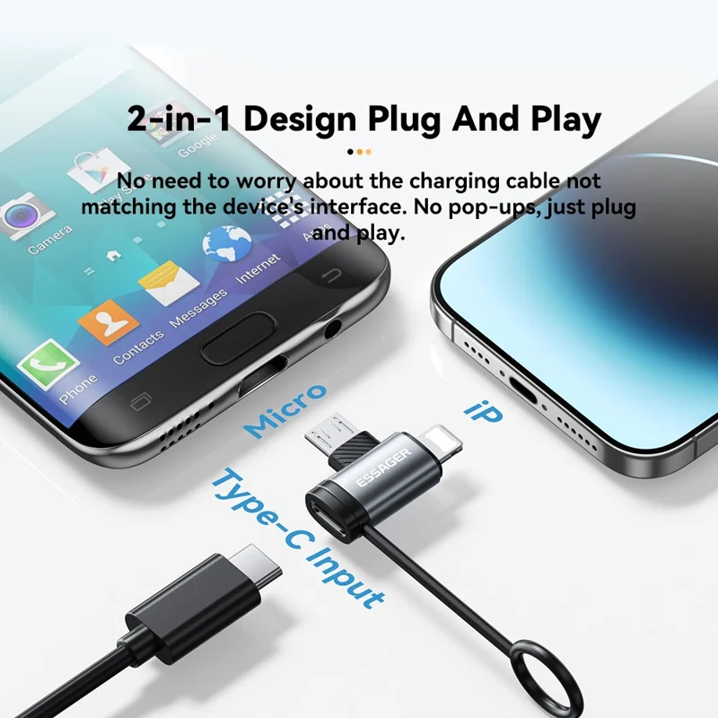 ESSAGER 2-in-1 Adapter Type-C Female to iP (5-14) Male + Micro USB Male 3A Fast Charging Cable Adapter Converter
