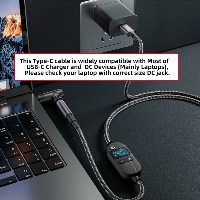 140W USB-C to DC 5.5x2.5mm Power Cable LED Display 6 Voltage Adjustable Charge Cable Charging Cord for Laptop