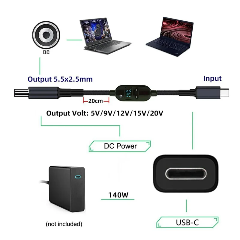 140W USB-C to DC 5.5x2.5mm Power Cable LED Display 6 Voltage Adjustable Charge Cable Charging Cord for Laptop