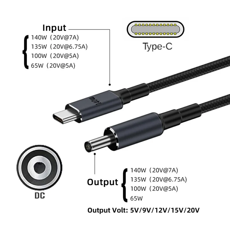 140W USB-C to DC 5.5x2.5mm Power Cable LED Display 6 Voltage Adjustable Charge Cable Charging Cord for Laptop