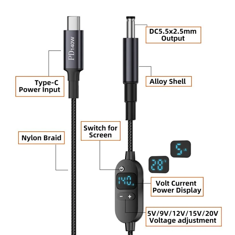 140W USB-C to DC 5.5x2.5mm Power Cable LED Display 6 Voltage Adjustable Charge Cable Charging Cord for Laptop