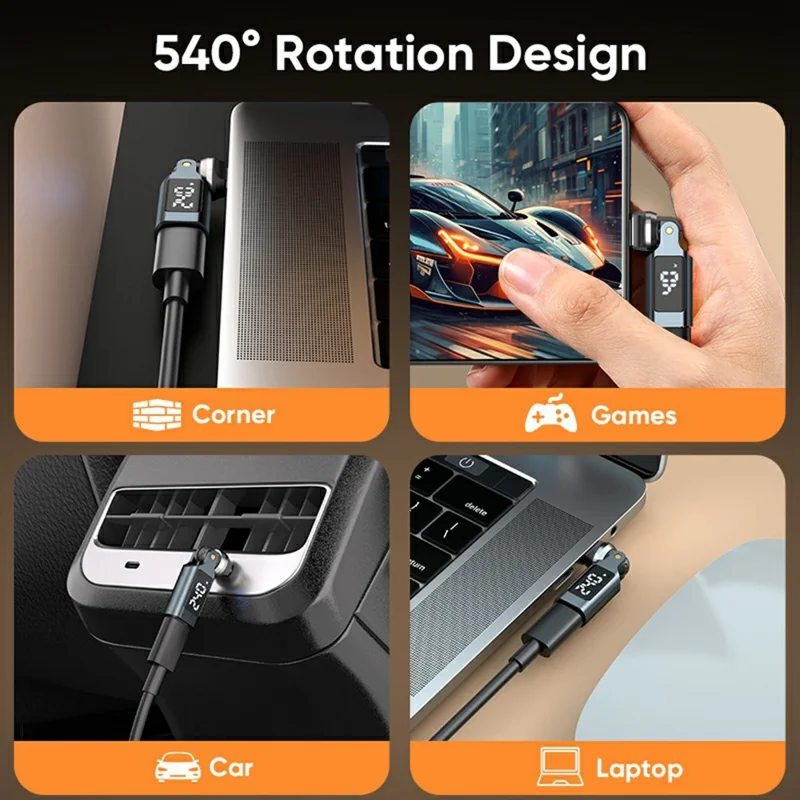 USB-C Male to Type-C Female Adapter PD240W Fast Charging 540 Degree Rotation OTG Digital Display 5A Converter