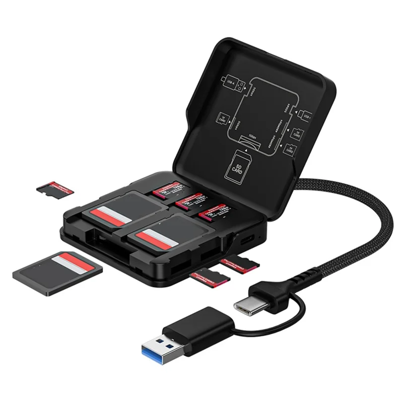 ADS-319 Portable Multifunctional Card Reader Storage Case USB-C  /  USB 3.0 5Gbps High Speed Data Transfer Adapter for SD TF Cards - Black