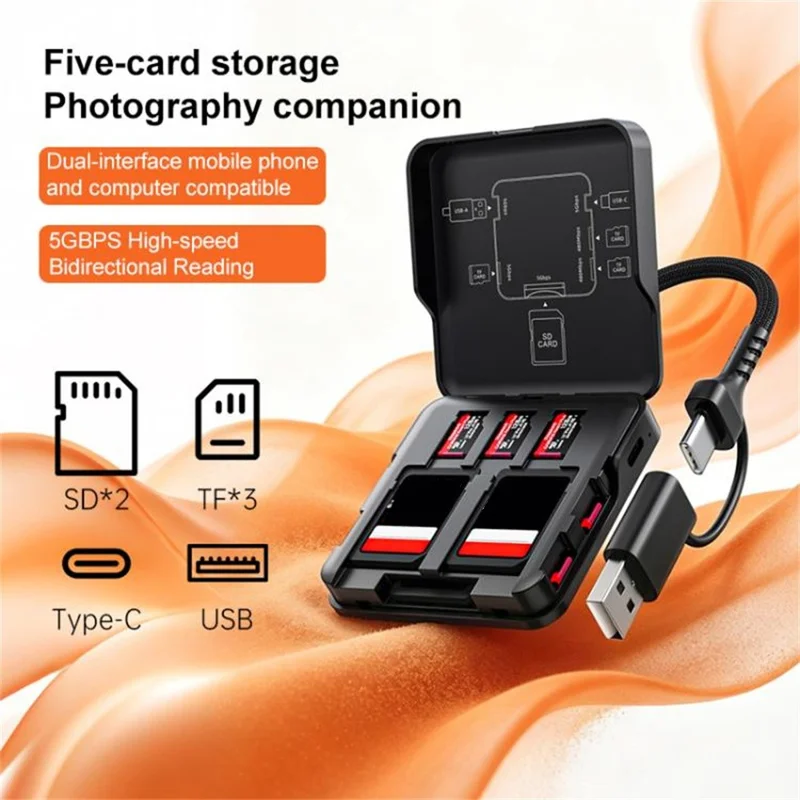 ADS-319 Portable Multifunctional Card Reader Storage Case USB-C  /  USB 3.0 5Gbps High Speed Data Transfer Adapter for SD TF Cards - Black