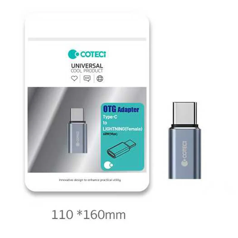 Conversor COTECI OT-039 de Tipo-C Macho para iP Fêmea, Adaptador OTG para Carregamento Rápido de 60 W e Transferência de Dados - Cinzento
